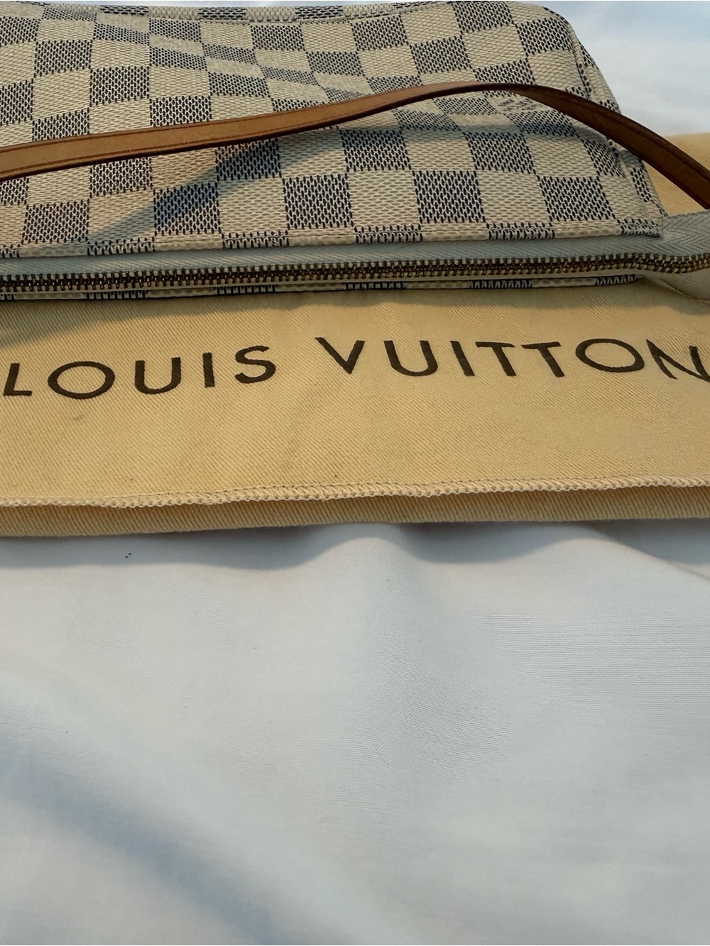 Louis Vuitton Damier Azur Wristlet in White and Beige with Tan Strap
